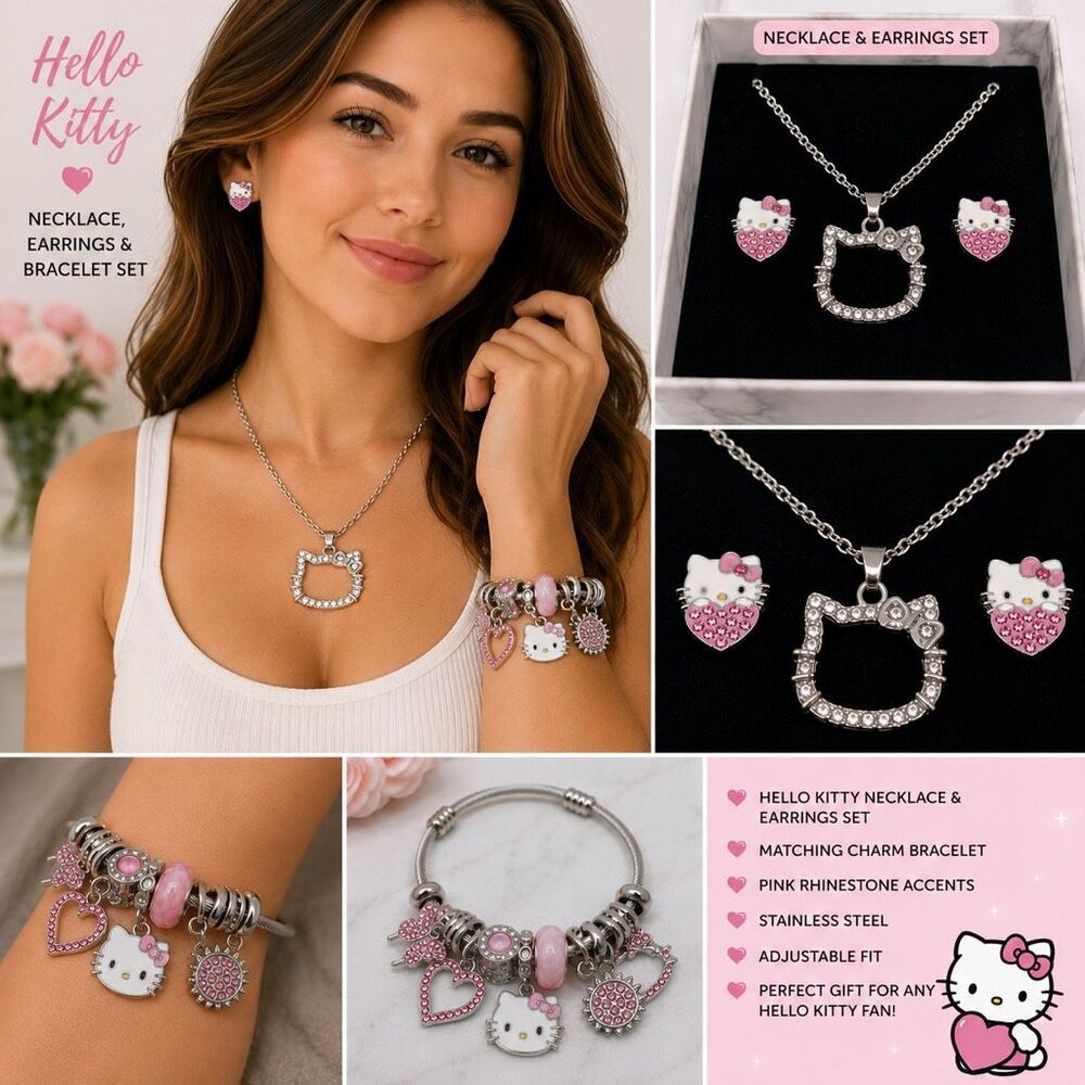 Hello Kitty Pink Rhinestone Necklace Stud Earrings & Charm Bracelet Set